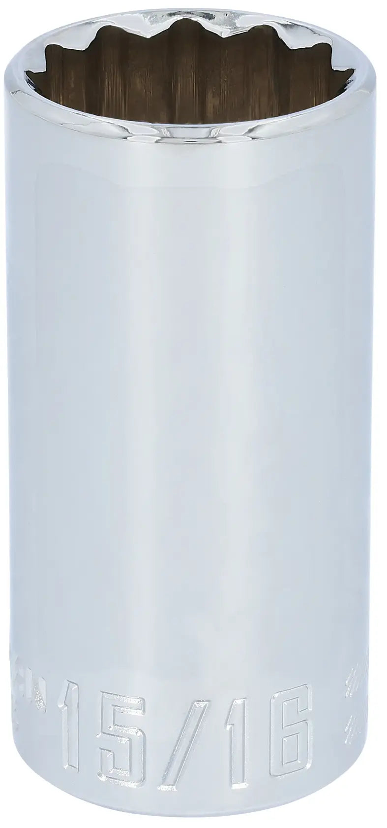 Photo of Craftsman chrome 15/16 inch deep socket, SKU CMMT43315, shown upright on white background.