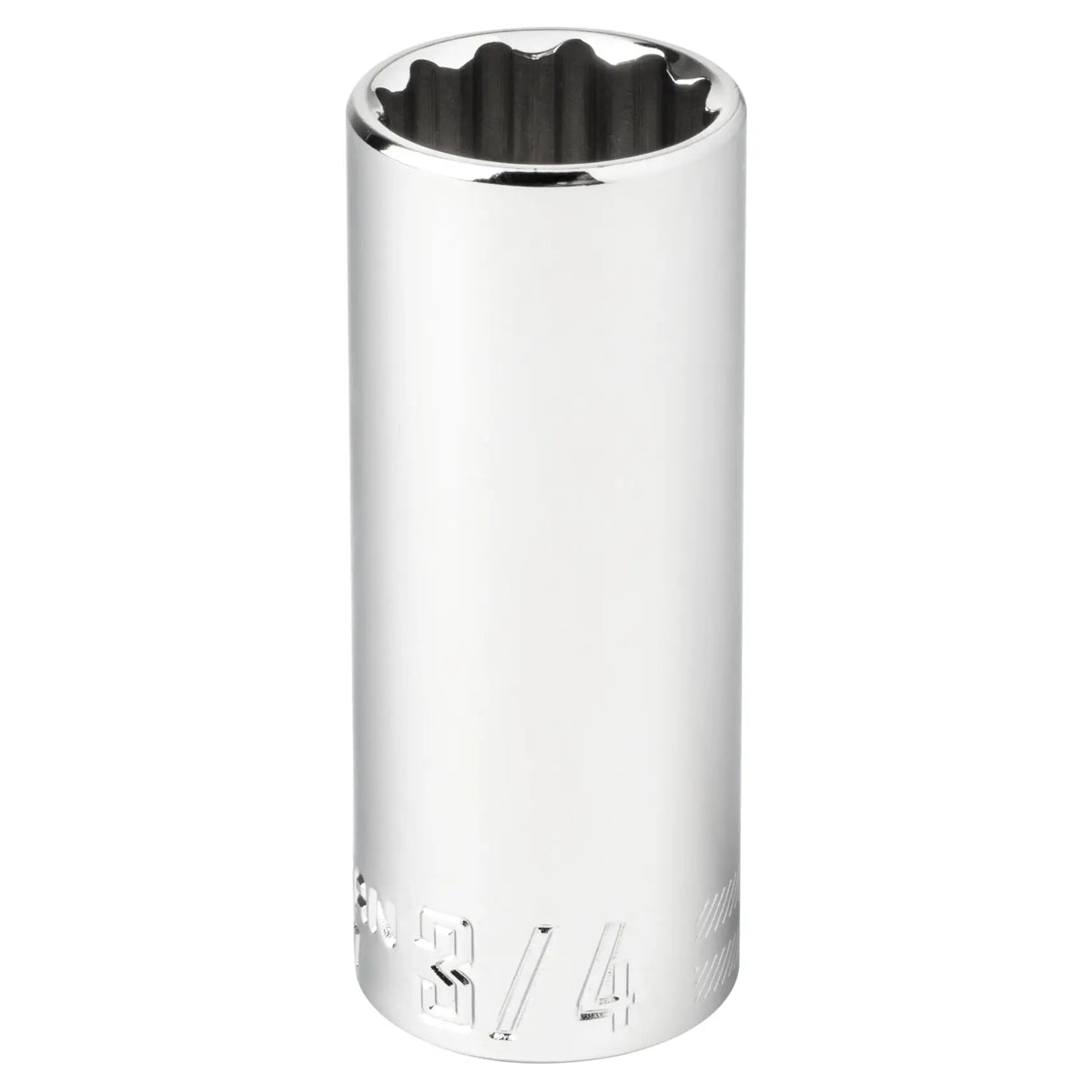 Photo of Craftsman chrome deep socket, 3/4 inch size, CMMT43317, front angle on white background.
