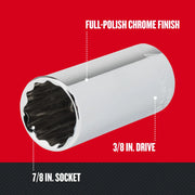 Photo of CRAFTSMAN 7/8 in. socket with full-polish chrome finish, 3/8 in. drive, model CMMT43319, angled view.