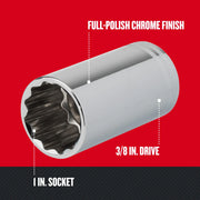 Photo of Craftsman 1 in. socket, SKU CMMT43320, with full-polish chrome finish, 3/8 in. drive on white background.