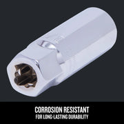 Photo of a Craftsman chrome socket, SKU CMMT43324, shown at an angle on a dark background with corrosion resistant text.