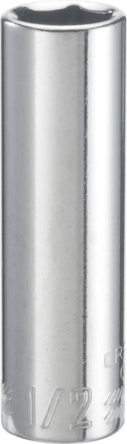 Photo of Craftsman CMMT43332 chrome deep socket, 1/2 inch, shown upright on white background.