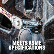 Close-up photo of Craftsman ratchet tool CMMT43334 on a lug nut with text MEETS ASME SPECIFICATIONS at the bottom.