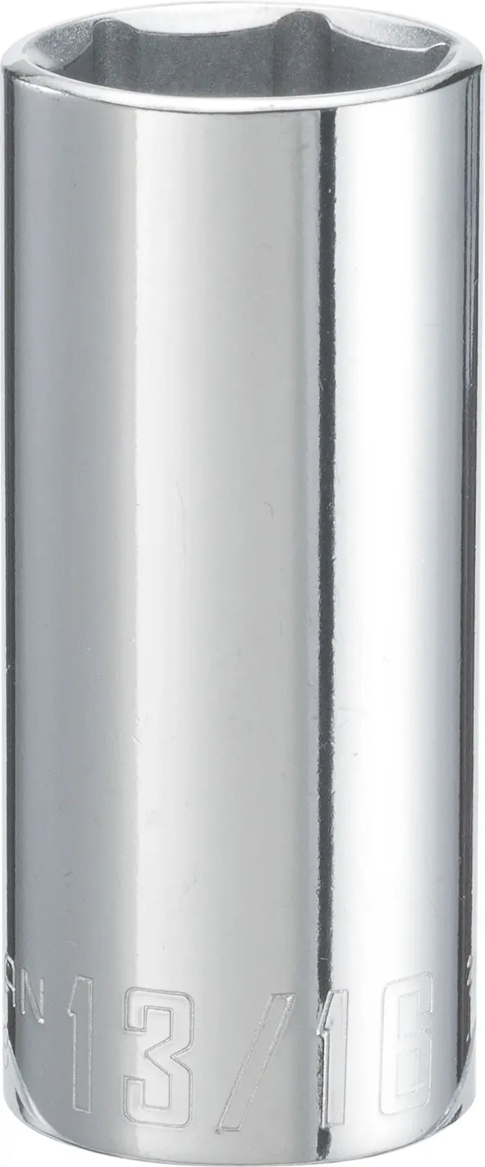 Photo of a Craftsman CMMT43338 chrome deep socket, 13/16 inch, shown upright on a white background.