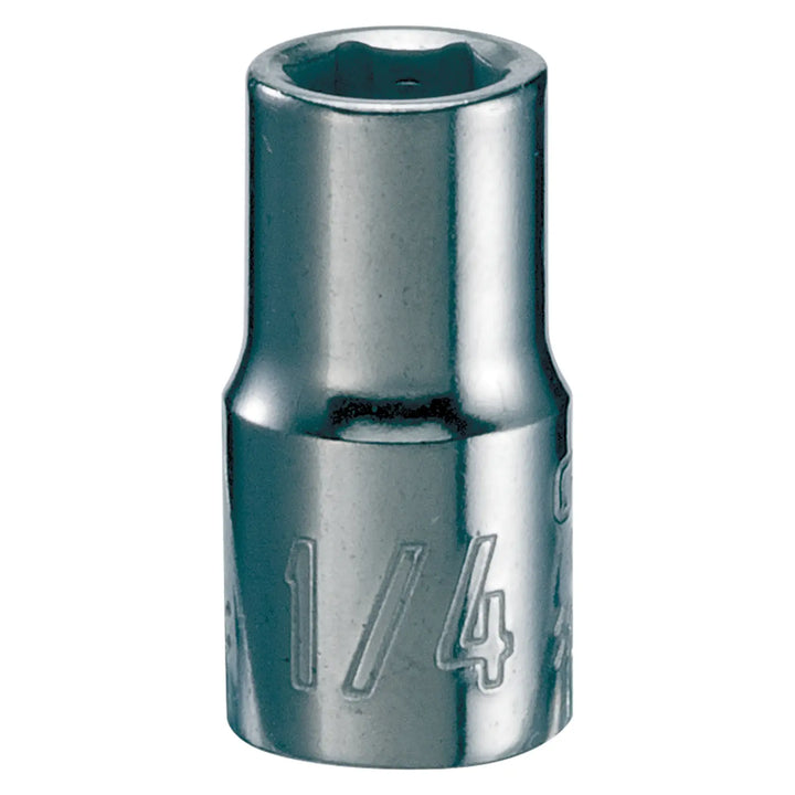 Photo of Craftsman socket tool, chrome finish, 1/4 inch size, SKU CMMT43493, front angle on white background.