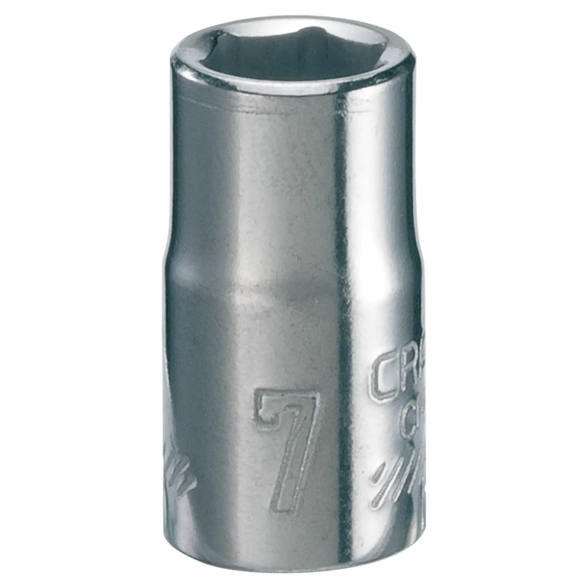 Photo of Craftsman 7mm chrome socket, SKU CMMT43503, tool accessory, front angle on white background.