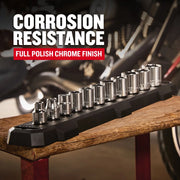 Craftsman chrome socket set CMMT43508 on black holder, full polish finish, shown on wood table.