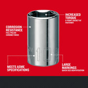 Photo of Craftsman chrome polished 6-point socket, SKU CMMT43508, graphics style showing key features.