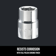 Craftsman socket, SKU CMMT43542, chrome finish, shown upright on white background, resists corrosion.