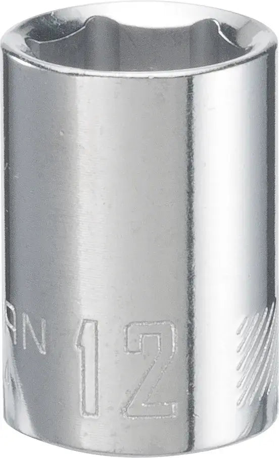 Photo of Craftsman chrome 12mm socket, CMMT43544, tool accessory, front angle on white background.