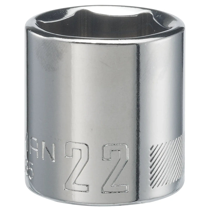 CRAFTSMAN 22 mm chrome socket, SKU CMMT43585, close-up front angle on white background.