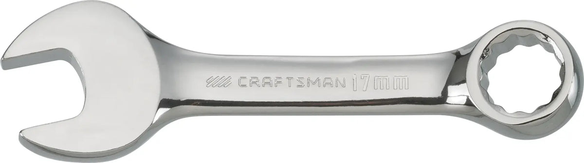 Photo of Craftsman CMMT44118 17mm combination wrench, chrome finish, on white background, side view.