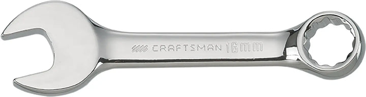 Photo of Craftsman CMMT44140 16mm combination wrench in polished chrome, side angle on white background.