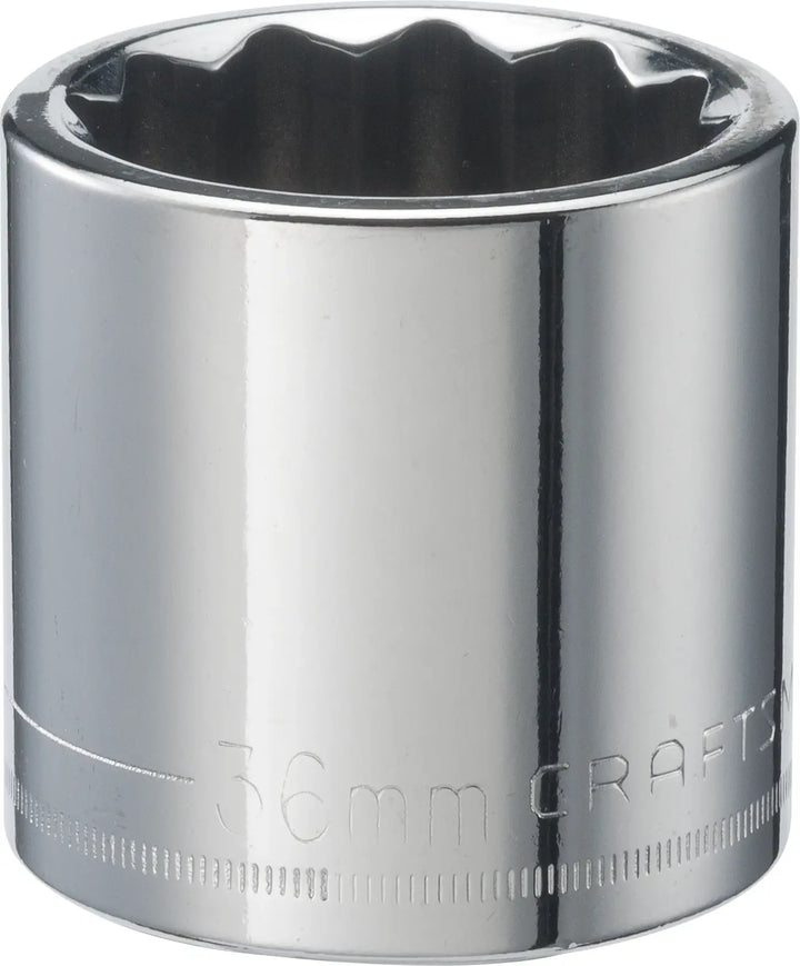 Photo of Craftsman 36mm chrome socket, SKU CMMT44248, viewed from side on white background.