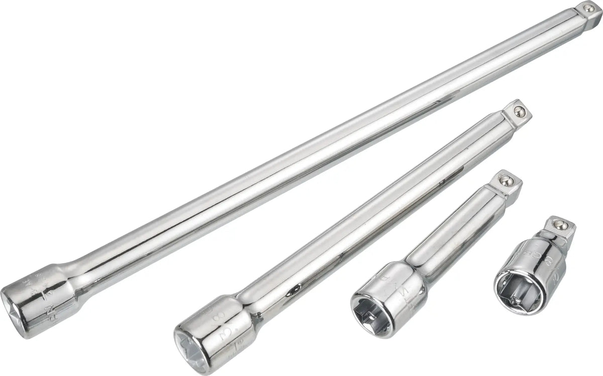 Craftsman CMMT44284 chrome extension bar set, four sizes, socket accessories, photography, angled on white background.