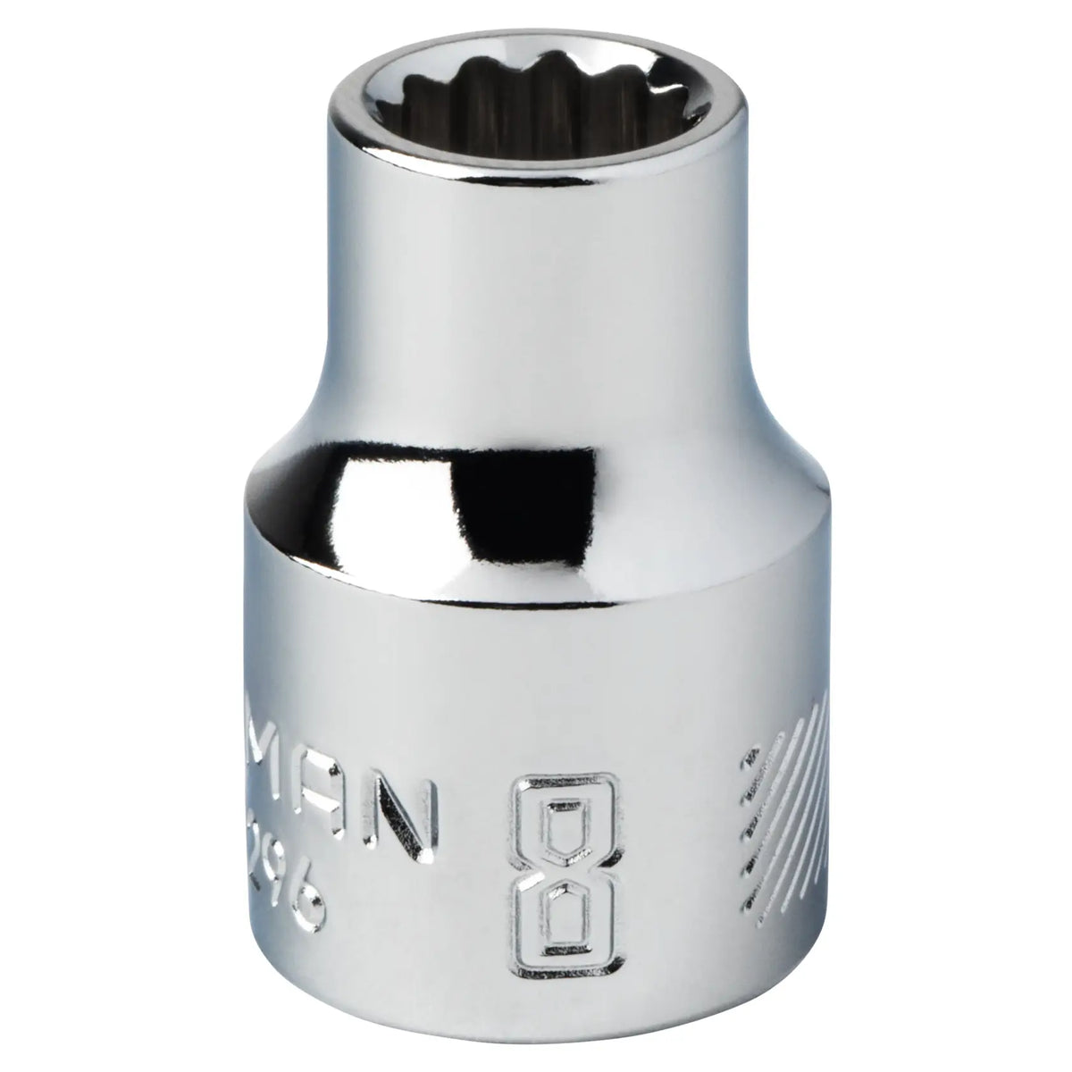 Craftsman 8mm chrome socket, model CMMT44296, shown upright with embossed markings, white background.