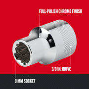 Craftsman 8 mm socket with full-polish chrome finish, 3/8 in. drive, SKU CMMT44296, product side angle.