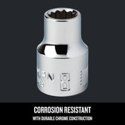Photo of Craftsman socket 8 mm with chrome finish, SKU CMMT44296, corrosion resistant, front angle on black.