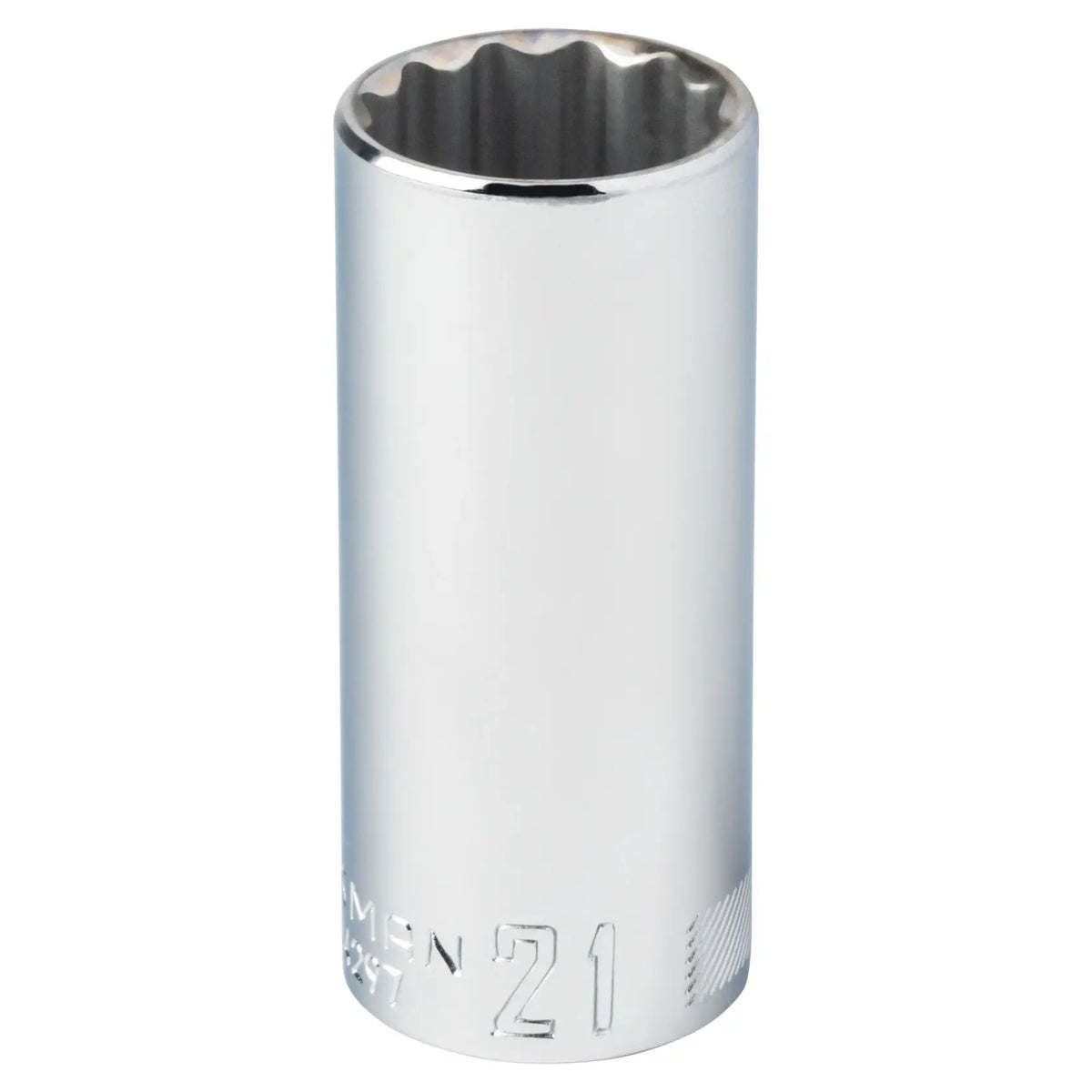 Photo of Craftsman 21mm chrome deep socket, front angle, CMMT44297 engraved on the side.