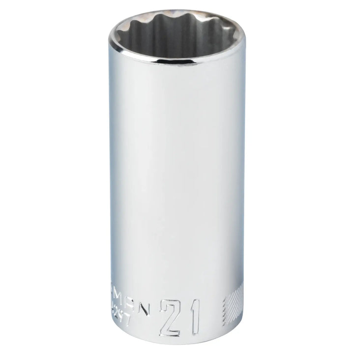Photo of Craftsman 21mm chrome deep socket, front angle, CMMT44297 engraved on the side.