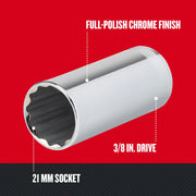 Craftsman 21 mm socket with full-polish chrome finish, 3/8 inch drive, SKU CMMT44297, angled view, white background.