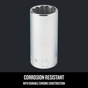 Craftsman chrome socket, model CMMT44298, 22mm size, corrosion resistant, shown on a front angle with black background.