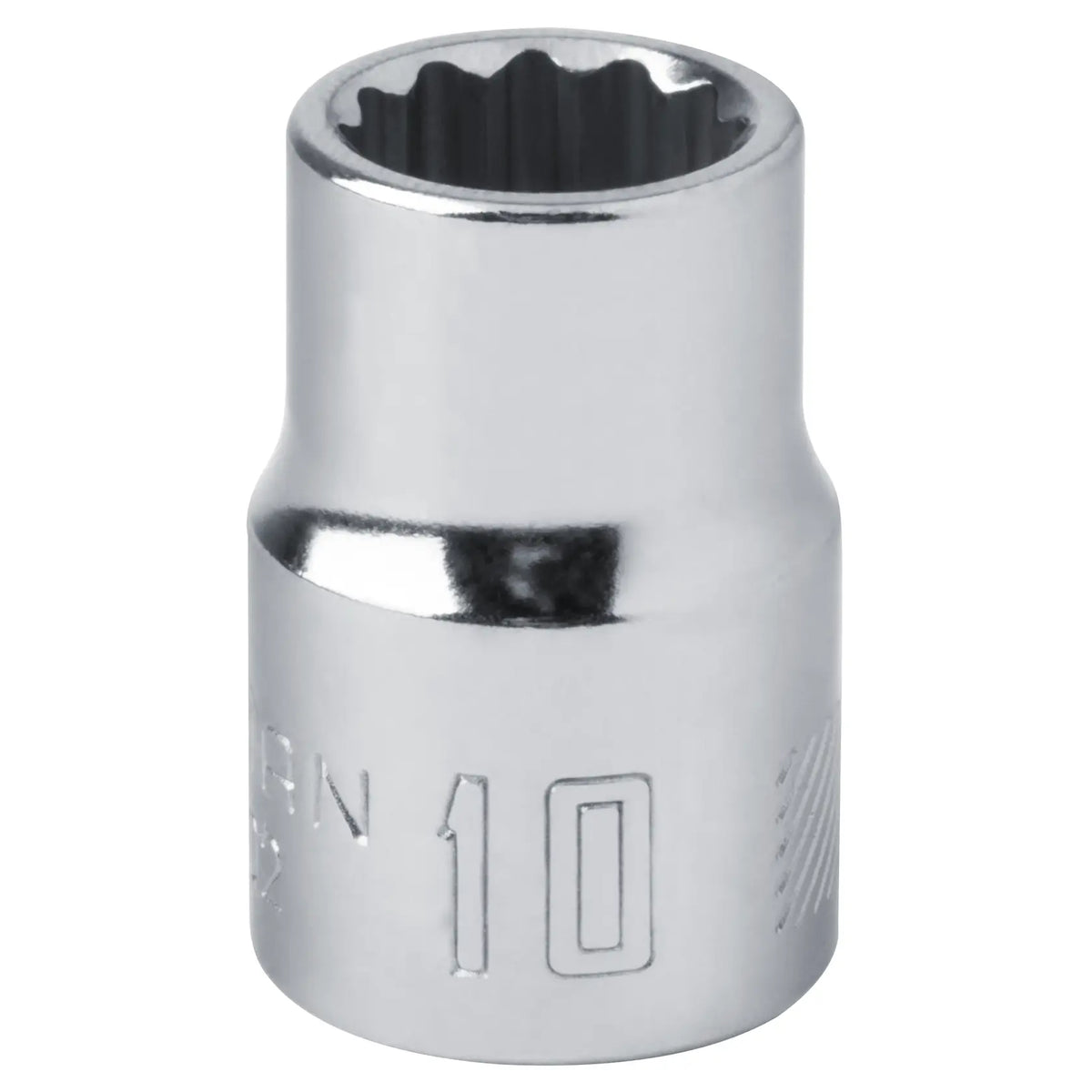 Craftsman 10mm chrome socket, CMMT44302, tool accessory, front angle on white background.