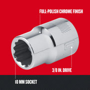 Photo of Craftsman 10 mm socket with full-polish chrome finish, 3/8 in. drive, SKU CMMT44302, front angled view.