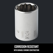 Photo of Craftsman socket, SKU CMMT44304, chrome finish, 13mm size, corrosion resistant, front angle on white background.