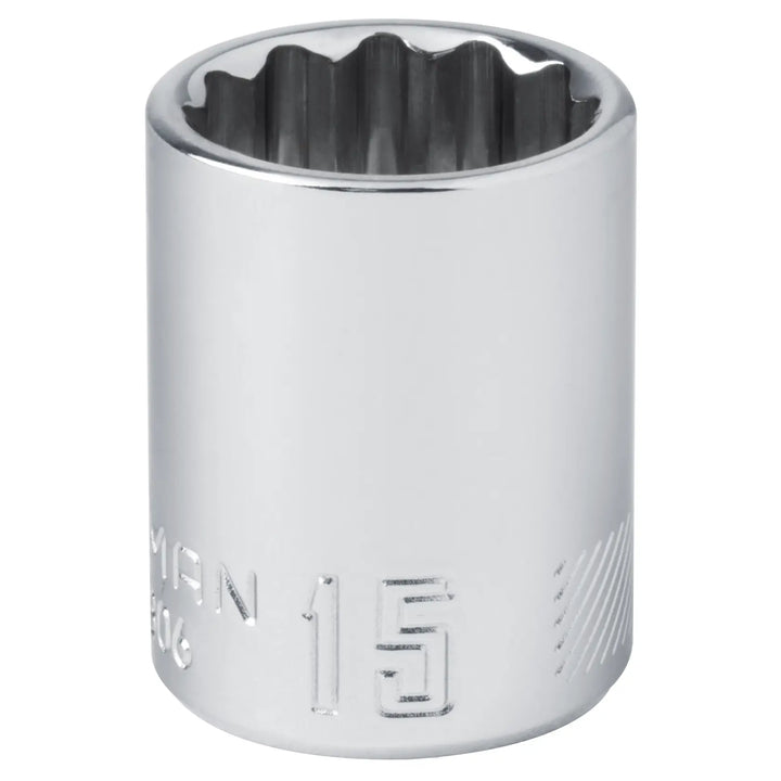 Photo of Craftsman 15mm chrome socket CMMT44306, front angle, with twelve-point interior.