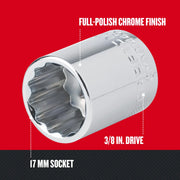 Craftsman 17 mm socket CMMT44307, chrome finish, 3/8 inch drive, graphics angle view.