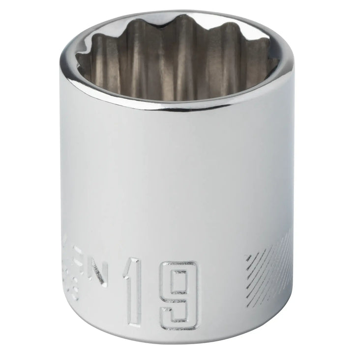 Photo of Craftsman 19mm chrome socket, CMMT44308, close-up on white background.