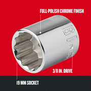 Photo of Craftsman 19 mm socket, SKU CMMT44308, with full-polish chrome finish and 3/8 in. drive, angled view.