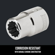 Craftsman chrome socket, SKU CMMT44331, close-up on white background, corrosion resistant with textured grip.