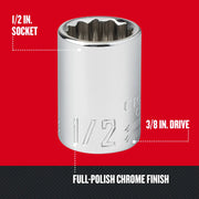 Craftsman chrome socket, 1/2 inch size, 3/8 inch drive, full-polish finish, SKU CMMT44333, front angle.