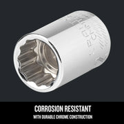 Photo of Craftsman chrome socket, SKU CMMT44333, showing corrosion resistant chrome finish on black background.