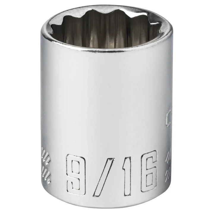 Craftsman 9/16-inch chrome socket, close-up front angle on white, CMMT44334.