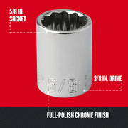CRAFTSMAN 5/8 in. socket with 3/8 in. drive, full-polish chrome finish, front angle, CMMT44335.