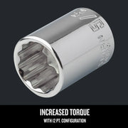 Craftsman 12-point chrome socket, close-up angled view, SKU CMMT44335, tool graphics category.