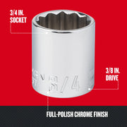 Craftsman 3/4 inch socket with 3/8 inch drive, full-polish chrome finish, SKU CMMT44337, front angle.