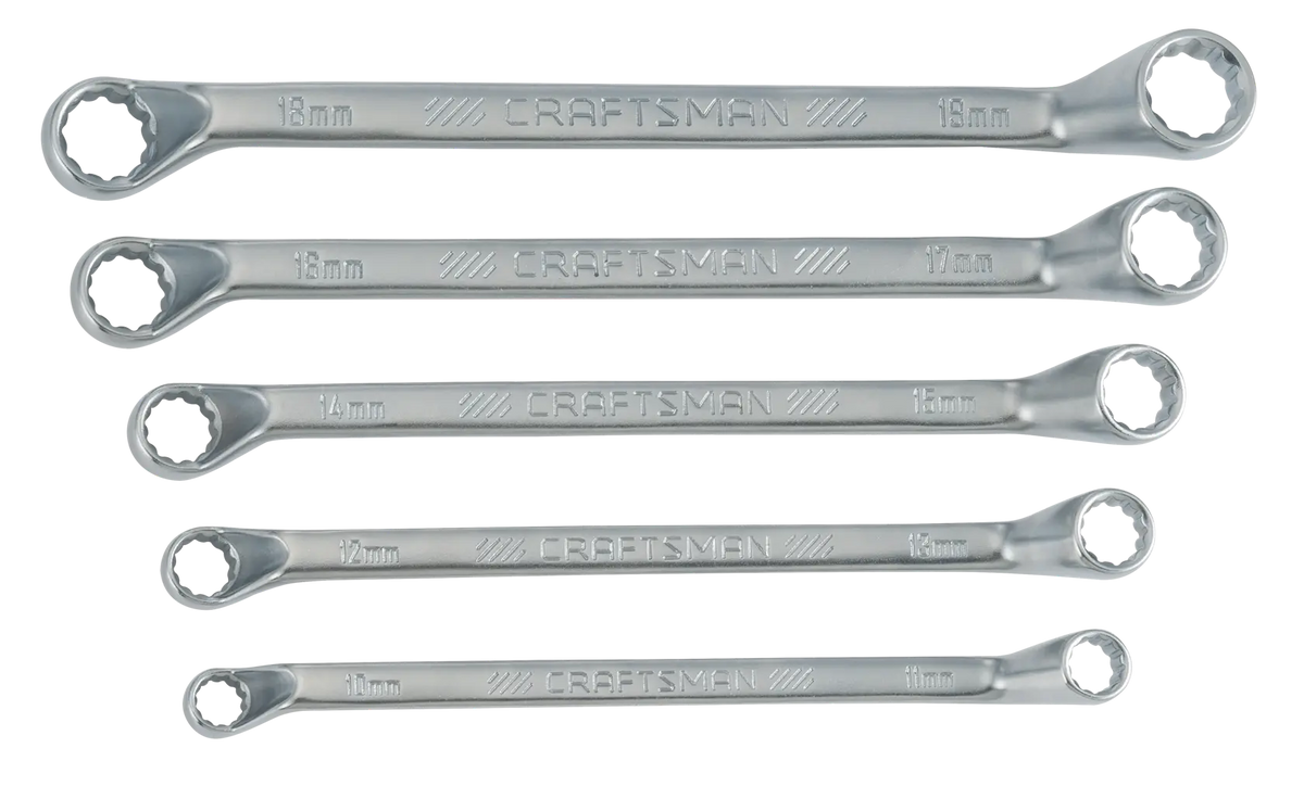 Photo of Craftsman CMMT44350 metric box-end wrench set, five silver wrenches arranged flat, front angle.