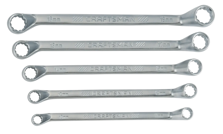 Photo of Craftsman CMMT44350 metric box-end wrench set, five silver wrenches arranged flat, front angle.