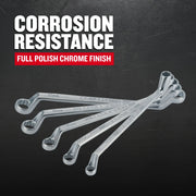 Photo of CRAFTSMAN box end wrench set with full polish chrome finish, SKU CMMT44350, fanned on black background.