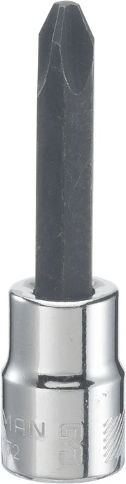 Photo of CRAFTSMAN SKU CMMT44372 chrome and black Phillips bit socket, front angle, white background.