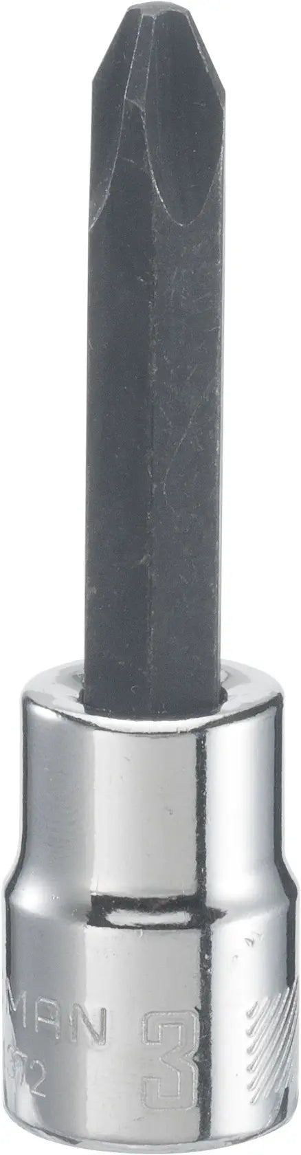 Photo of CRAFTSMAN SKU CMMT44372 chrome and black Phillips bit socket, front angle, white background.