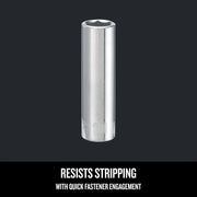 Craftsman socket, chrome finish, model CMMT44407, upright front angle, resists stripping with quick engagement.