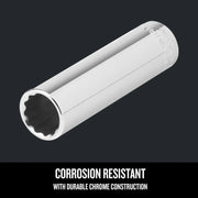 Craftsman chrome socket CMMT44416, side angle, corrosion resistant tool with twelve-point design.