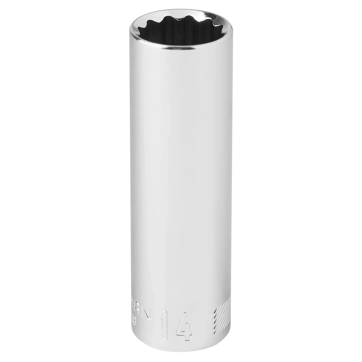 Craftsman 14mm deep socket, chrome finish, twelve-point, vertical angle, CMMT44418.