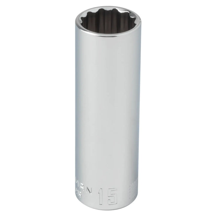Craftsman CMMT44419 chrome deep socket, 15mm size, shown upright on white background.