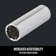 Photo of Craftsman deep socket, chrome finish, cylindrical shape, SKU CMMT44419, shown at an angled view.
